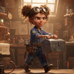 Peut inclure: Un personnage aux cheveux boucl&eacute;s portant des lunettes de protection, une combinaison bleue et une ceinture &agrave; outils, transportant une bo&icirc;te &agrave; outils en m&eacute;tal dans un atelier rempli de composants m&eacute;caniques, de bobines et de plans techniques.