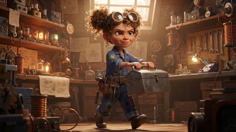 Peut inclure: Un personnage aux cheveux boucl&eacute;s portant des lunettes de protection, une combinaison bleue et une ceinture &agrave; outils, transportant une bo&icirc;te &agrave; outils en m&eacute;tal dans un atelier rempli de composants m&eacute;caniques, de bobines et de plans techniques.