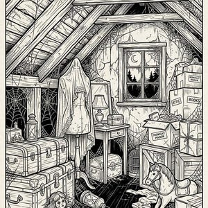May include: A black and white line art illustration of an attic interior featuring a dress form draped in fabric, stacked wooden trunks, a rocking horse, a teddy bear, a doll, books, and cardboard boxes labelled Midnight Manor and Attic.