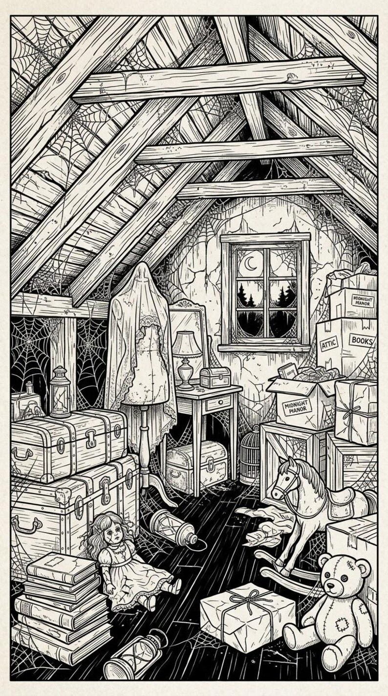 May include: A black and white line art illustration of an attic interior featuring a dress form draped in fabric, stacked wooden trunks, a rocking horse, a teddy bear, a doll, books, and cardboard boxes labelled Midnight Manor and Attic.