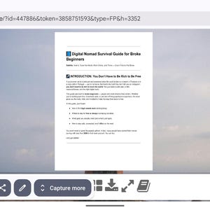 Op de afbeelding: Een digitaal document getiteld "Digital Nomad Survival Guide for Broke Beginners" met de ondertitel "How to Travel the World Without Debt..." De inleiding van het document heet "You Don't Have To Be Rich to Be Free".