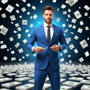 May include: A man in a blue suit stands in front of a background of falling money. He is holding a stack of bills in his hands.