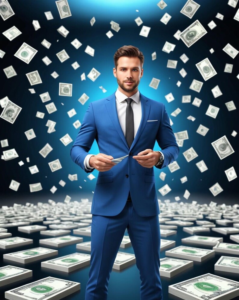 May include: A man in a blue suit stands in front of a background of falling money. He is holding a stack of bills in his hands.