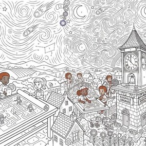 Puede incluir: Una p&aacute;gina para colorear por n&uacute;meros en blanco y negro que muestra una escena urbana con una torre de reloj etiquetada como Blockville Chronicle, ni&ntilde;os jugando con bloques y un mapa de laberinto, bajo un cielo estrellado con cometas.