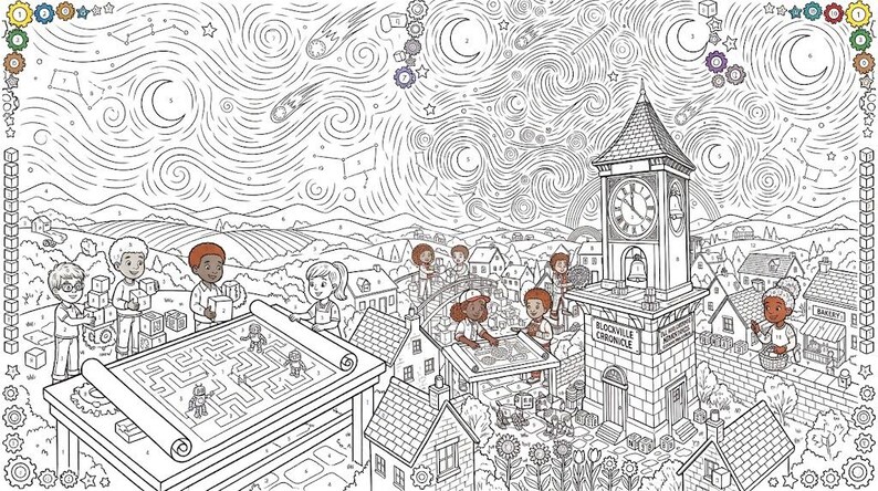 Puede incluir: Una p&aacute;gina para colorear por n&uacute;meros en blanco y negro que muestra una escena urbana con una torre de reloj etiquetada como Blockville Chronicle, ni&ntilde;os jugando con bloques y un mapa de laberinto, bajo un cielo estrellado con cometas.