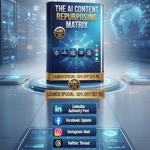 Puede incluir: Un libro azul oscuro titulado The AI Content Repurposing Matrix con un sello dorado y un gr&aacute;fico de red digital. Debajo del libro, una lista muestra iconos de redes sociales para LinkedIn, Facebook, Instagram, Twitter y un icono de bolet&iacute;n.