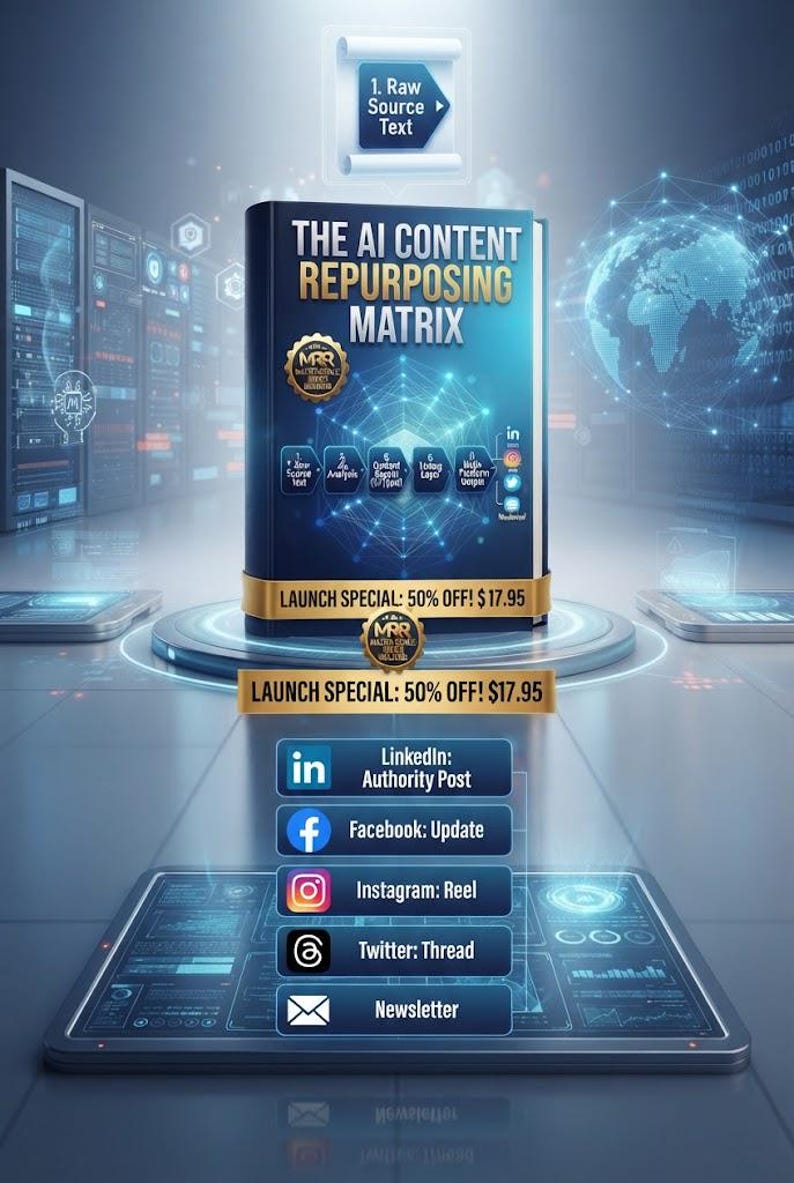 Puede incluir: Un libro azul oscuro titulado The AI Content Repurposing Matrix con un sello dorado y un gr&aacute;fico de red digital. Debajo del libro, una lista muestra iconos de redes sociales para LinkedIn, Facebook, Instagram, Twitter y un icono de bolet&iacute;n.