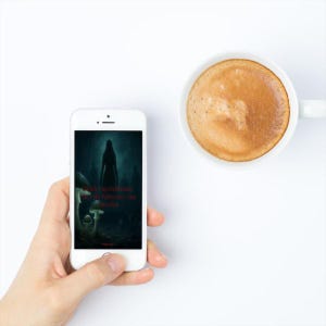 May include: A white smartphone displaying a dark, atmospheric image of a silhouette standing in a forest with mushrooms in the foreground. The screen text reads Death Cap Delusions: The Eris Patterson Case Unveiled in red lettering against the dark background.