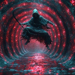 Puede incluir: Imagen de arte digital de una figura encapuchada con una guada&ntilde;a, flotando en un t&uacute;nel rojo y verde azulado brillante. La figura es oscura, con una capucha que oscurece la cara. El t&uacute;nel est&aacute; revestido de luces brillantes, creando una escena surrealista.