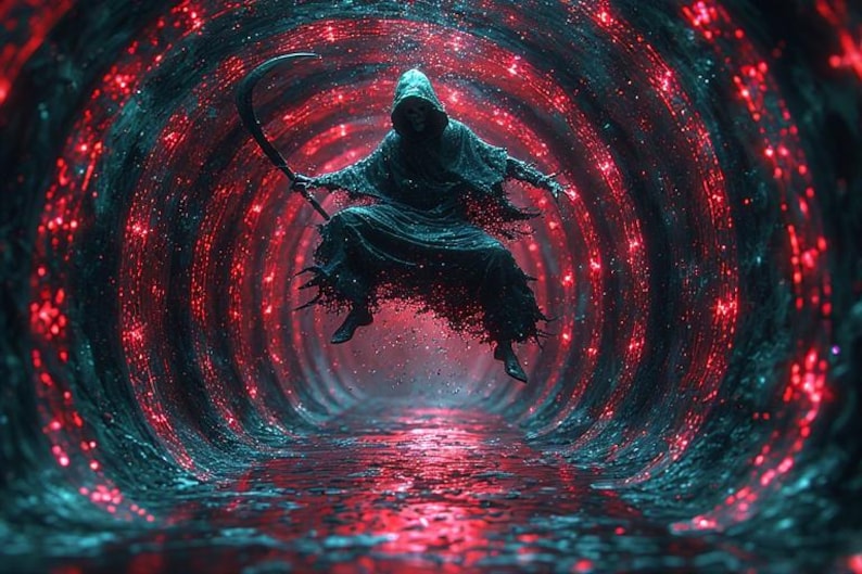 Puede incluir: Imagen de arte digital de una figura encapuchada con una guada&ntilde;a, flotando en un t&uacute;nel rojo y verde azulado brillante. La figura es oscura, con una capucha que oscurece la cara. El t&uacute;nel est&aacute; revestido de luces brillantes, creando una escena surrealista.