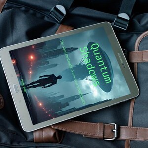 May include: A silver Samsung tablet displaying the cover of "Quantum Shadows" rests on a black and brown backpack. The book cover features a silhouetted figure and a futuristic cityscape with a green UFO. The tablet is positioned near a leather strap.