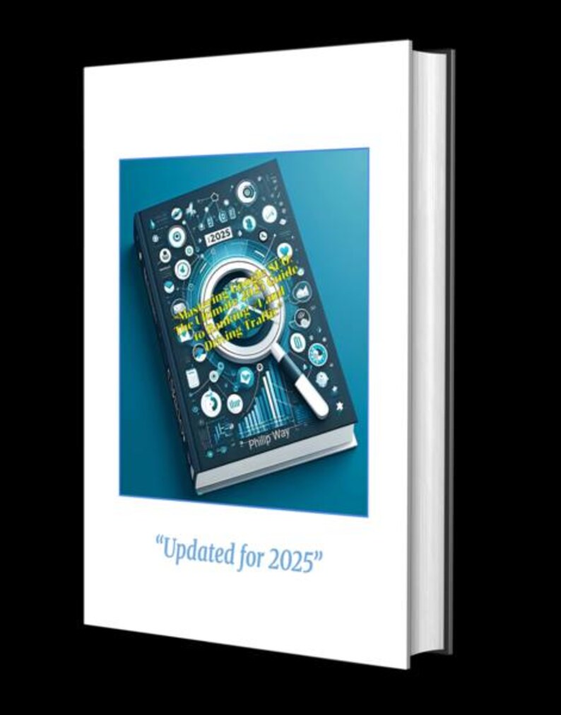 Puede incluir: Un libro de tapa dura con una cubierta azul que presenta una lupa e iconos de datos. El t&iacute;tulo dice "Mastering SEO: The Ultimate Guide to Ranking Traffic" y "Updated for 2025". El nombre del autor, Philip Way, tambi&eacute;n es visible.