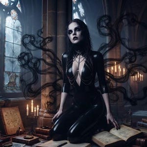 May include: A person with dark hair and pale skin wearing a black latex bodysuit with a deep neckline and thin chain straps, kneeling amidst open books. Behind them, swirling black smoke-like tendrils emerge in a dimly lit stone room.