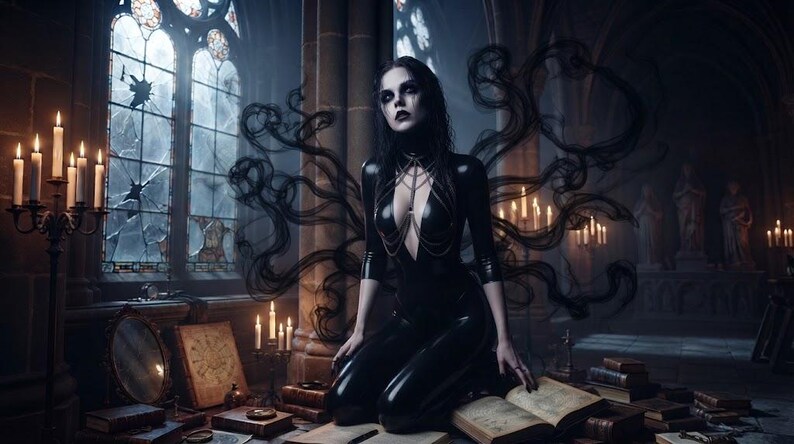 May include: A person with dark hair and pale skin wearing a black latex bodysuit with a deep neckline and thin chain straps, kneeling amidst open books. Behind them, swirling black smoke-like tendrils emerge in a dimly lit stone room.