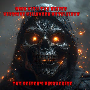 May include: A digital image of a skull-faced figure in a dark hooded cloak, with fiery orange eyes. The text reads "MOSH WITH THE REAPER HARDCORE HALLOWEEN METAL ALBUM" and "THE REAPER'S MASQUERADE" in red, gothic font.