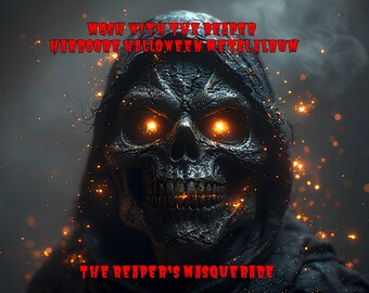 Può includere: Illustrazione digitale di una figura scheletrica con un mantello con cappuccio e occhi arancioni incandescenti. Il testo "MOSH WITH THE REAPER HARDCORE HALLOWEEN METAL ALBUM" e "THE REAPER'S MASQUERADE" è in rosso, con caratteri gotici.