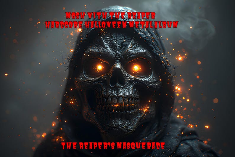 May include: A digital illustration of a skeletal figure in a hooded cloak with glowing orange eyes. The text "MOSH WITH THE REAPER HARDCORE HALLOWEEN METAL ALBUM" and "THE REAPER'S MASQUERADE" are in red, gothic-style lettering.