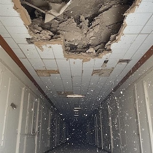May include: An interior shot of a long hallway with a damaged ceiling. A large section of the ceiling has collapsed, revealing the structure above. Debris and dust are scattered throughout the hallway, creating a sense of disrepair.
