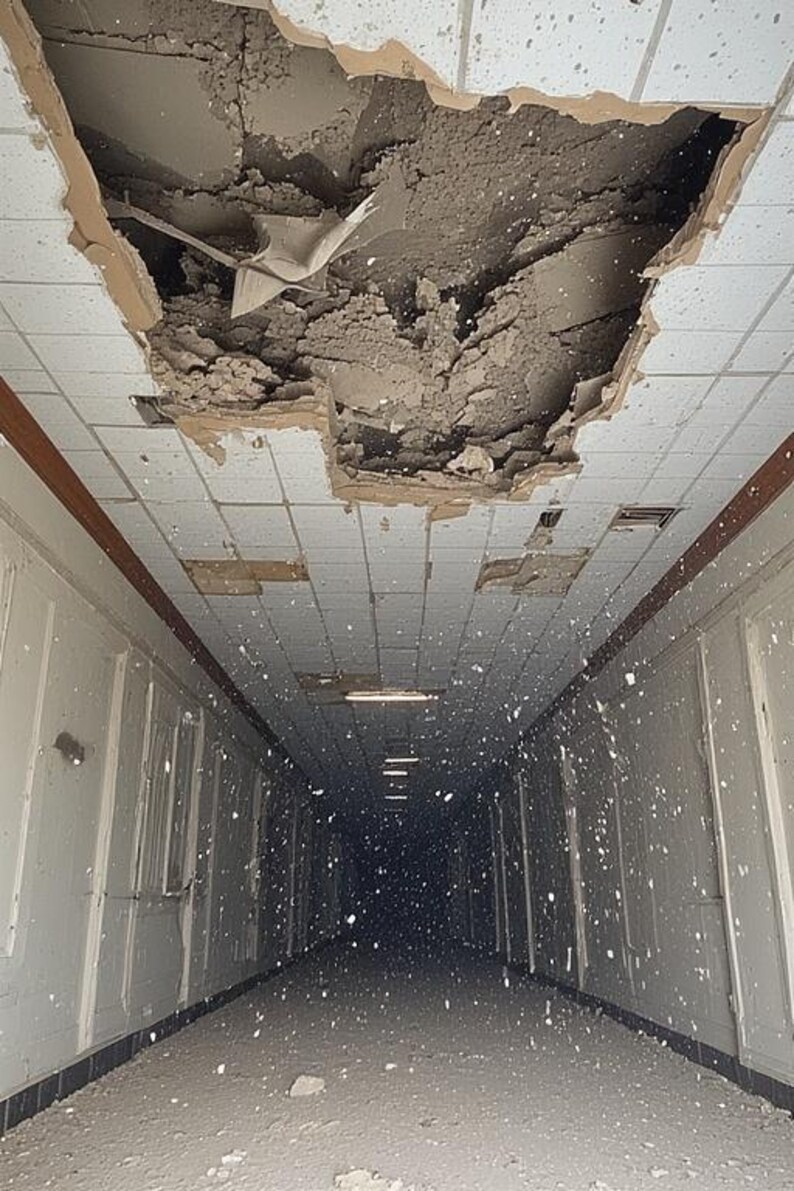 May include: An interior shot of a long hallway with a damaged ceiling. A large section of the ceiling has collapsed, revealing the structure above. Debris and dust are scattered throughout the hallway, creating a sense of disrepair.