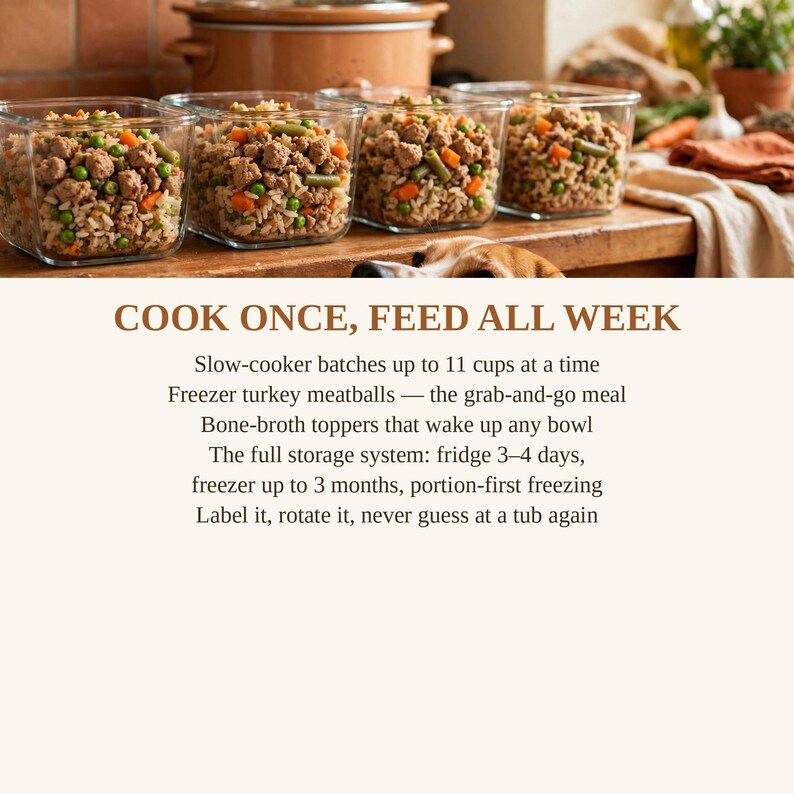 May include: Four square glass containers filled with a mixture of brown rice, green peas, diced carrots, and cooked meat chunks. The text reads: COOK ONCE, FEED ALL WEEK. Slow-cooker batches up to 11 cups at a time. Freezer turkey meatballs.