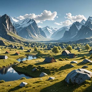 May include: A picturesque mountain valley with a small village nestled in the green grass. The village is surrounded by trees and a winding river. The mountains in the background are snow-capped and the sky is blue with white clouds.