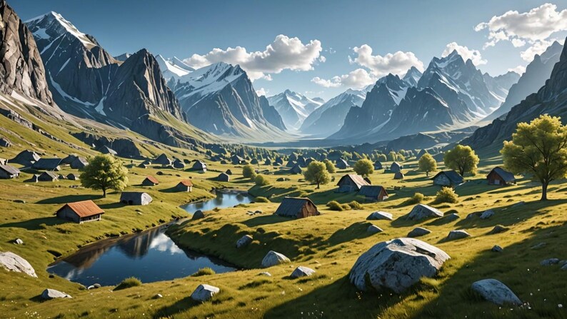 May include: A picturesque mountain valley with a small village nestled in the green grass. The village is surrounded by trees and a winding river. The mountains in the background are snow-capped and the sky is blue with white clouds.