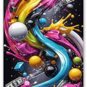 Pu&ograve; includere: Opera d'arte digitale astratta con vivaci spruzzi di colore, tra cui rosa, giallo, blu e nero. Sfere, cubi e banconote sono intervallati nella composizione dinamica, creando un senso di movimento ed energia. L'opera d'arte ha un aspetto lucido e tridimensionale.