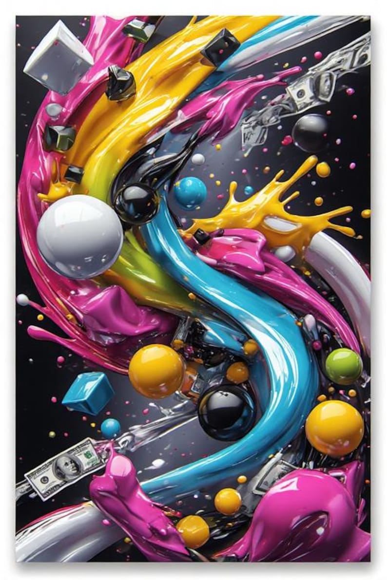 Pu&ograve; includere: Opera d'arte digitale astratta con vivaci spruzzi di colore, tra cui rosa, giallo, blu e nero. Sfere, cubi e banconote sono intervallati nella composizione dinamica, creando un senso di movimento ed energia. L'opera d'arte ha un aspetto lucido e tridimensionale.