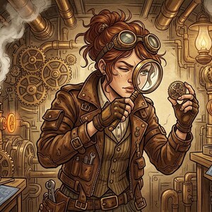 Peut inclure: Une personne aux cheveux auburn portant des lunettes de protection et une veste en cuir marron examine un petit engrenage m&eacute;tallique avec une loupe. Le d&eacute;cor est un atelier rempli de tuyaux en cuivre, de manom&egrave;tres, d'engrenages et d'outils.