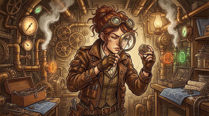 Peut inclure: Une personne aux cheveux auburn portant des lunettes de protection et une veste en cuir marron examine un petit engrenage m&eacute;tallique avec une loupe. Le d&eacute;cor est un atelier rempli de tuyaux en cuivre, de manom&egrave;tres, d'engrenages et d'outils.