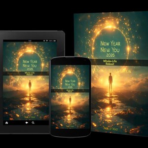 Może przedstawiać: Obraz przedstawia książkę, tablet i smartfon, wszystkie wyświetlające okładkę książki zatytułowanej "New Year New You 2026 Whole-Life Reboot". Okładka przedstawia osobę na ścieżce prowadzącej do jasnego, złotego światła.