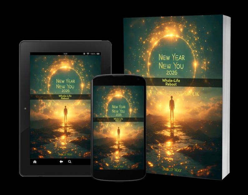 Może przedstawiać: Obraz przedstawia książkę, tablet i smartfon, wszystkie wyświetlające okładkę książki zatytułowanej "New Year New You 2026 Whole-Life Reboot". Okładka przedstawia osobę na ścieżce prowadzącej do jasnego, złotego światła.