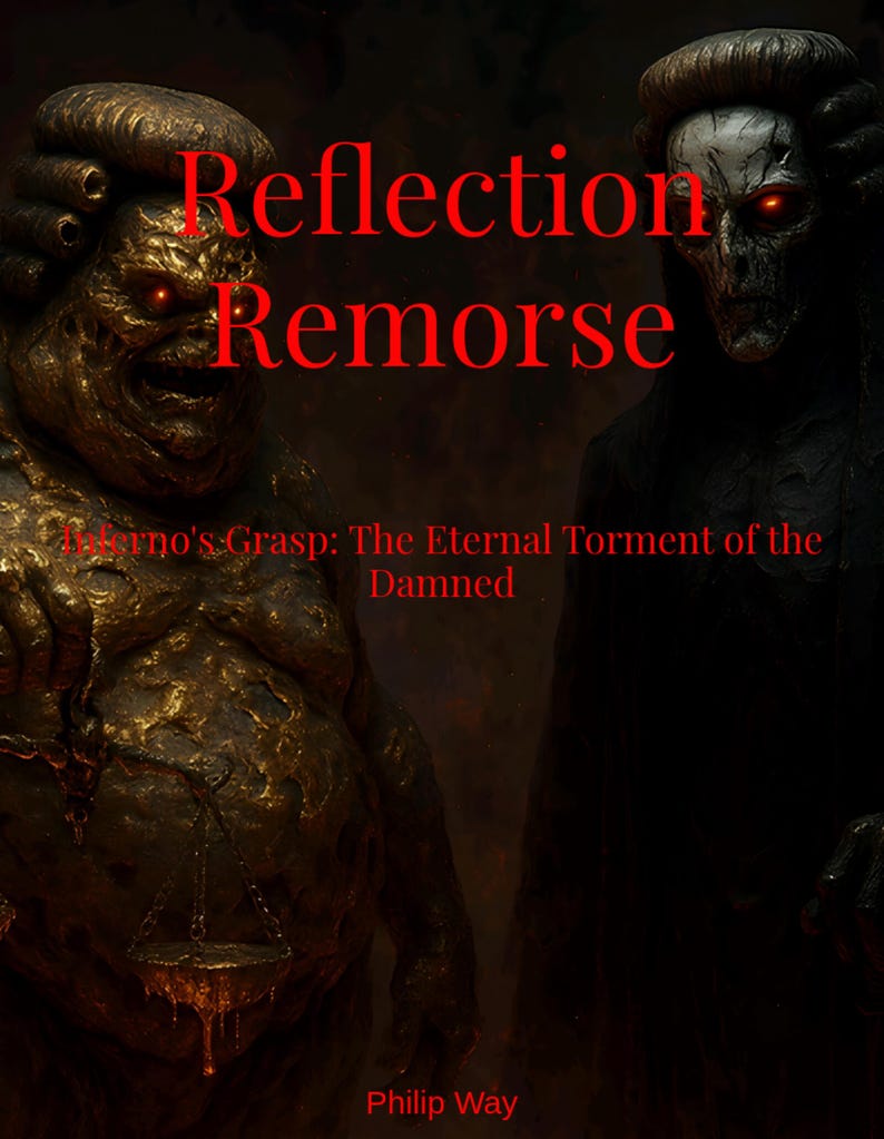 May include: Digital artwork featuring two ominous figures with glowing red eyes. The title "Reflection Remorse" is displayed in red text, with the subtitle "Inferno's Grasp: The Eternal Torment of the Damned." The author's name, Philip Way, is at the bottom.