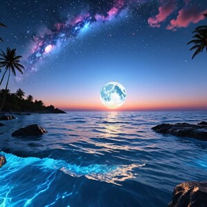 May include: A scenic view of a tropical beach at night with palm trees, a full moon, and the Milky Way visible in the sky. The ocean water is a deep blue with a glowing blue current.