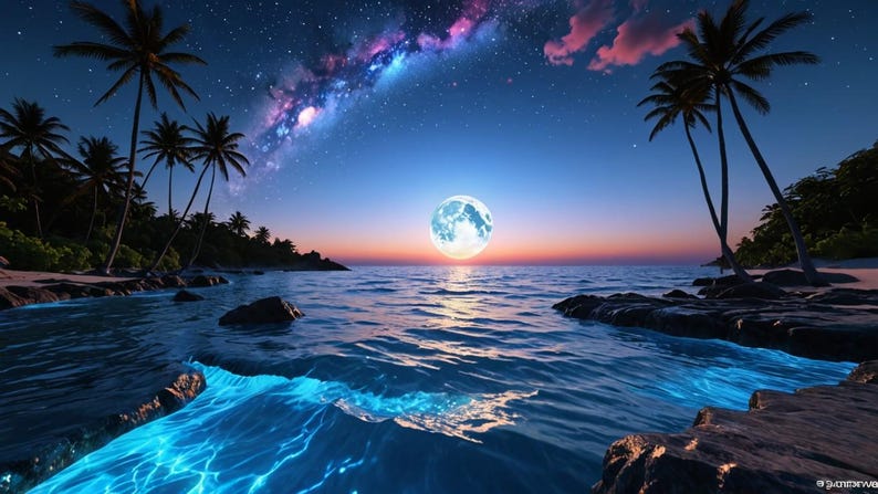 May include: A scenic view of a tropical beach at night with palm trees, a full moon, and the Milky Way visible in the sky. The ocean water is a deep blue with a glowing blue current.