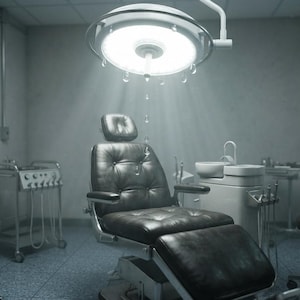 May include: A dental examination room featuring a black tufted leather dental chair centred under a bright overhead surgical light. The room includes a metal instrument tray, a mobile dental unit with a sink, and a black rolling stool on wheels.