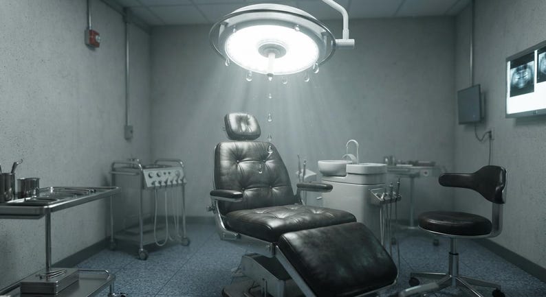 May include: A dental examination room featuring a black tufted leather dental chair centred under a bright overhead surgical light. The room includes a metal instrument tray, a mobile dental unit with a sink, and a black rolling stool on wheels.