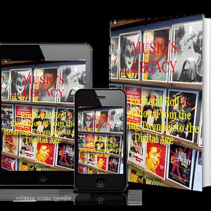 K&ouml;nnte beinhalten: Ein Buch, ein Tablet und ein Smartphone zeigen das Cover von "Music's Legacy: Rock and Roll Edition From the Roaring Twenties to the Digital Age". Das Cover zeigt Vintage-Musikplakate.