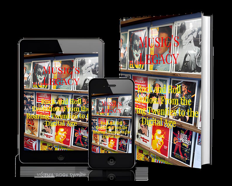 K&ouml;nnte beinhalten: Ein Buch, ein Tablet und ein Smartphone zeigen das Cover von "Music's Legacy: Rock and Roll Edition From the Roaring Twenties to the Digital Age". Das Cover zeigt Vintage-Musikplakate.