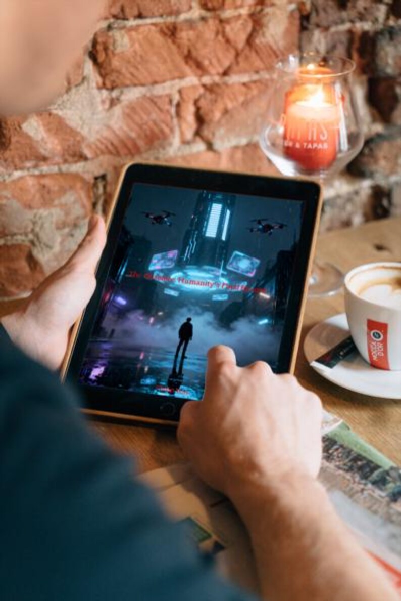 K&ouml;nnte beinhalten: Ein Tablet zeigt eine futuristische Stadtlandschaft mit fliegenden Drohnen und dem Text "The Future of Humanity's Final Hour". Eine brennende Kerze in einem Glas und eine Tasse Kaffee stehen auf dem Tisch.