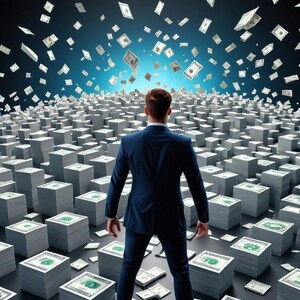 May include: A man in a blue suit stands in front of a large pile of stacks of cash. The stacks of cash are arranged in a grid pattern. There are dollar bills falling from the sky.