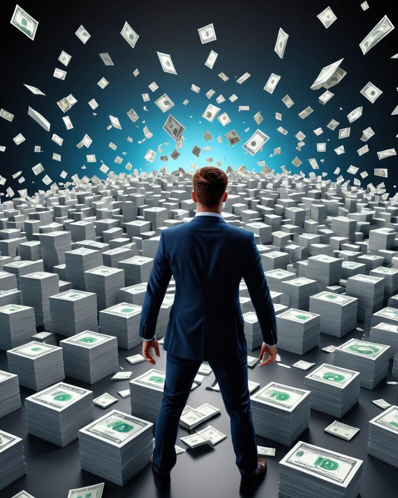 May include: A man in a blue suit stands in front of a large pile of stacks of cash. The stacks of cash are arranged in a grid pattern. There are dollar bills falling from the sky.