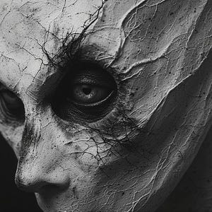 May include: A monochrome image of a sculpted face with a cracked, textured surface. The face features a prominent nose and deep-set eyes, with intricate lines and shadows adding depth. The overall aesthetic is dark and dramatic.