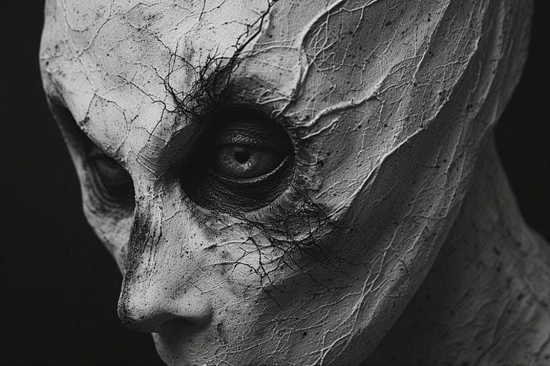 May include: A monochrome image of a sculpted face with a cracked, textured surface. The face features a prominent nose and deep-set eyes, with intricate lines and shadows adding depth. The overall aesthetic is dark and dramatic.