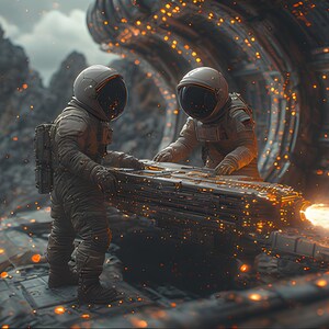 Op de afbeelding: Twee astronauten in witte ruimtepakken werken aan een grote, metalen structuur. De sc&egrave;ne speelt zich af op een rotsachtig, buitenaards landschap met een futuristische, industri&euml;le achtergrond. Vonken en gloeiende lichten verlichten de sc&egrave;ne en cre&euml;ren een sciencefiction-sfeer.
