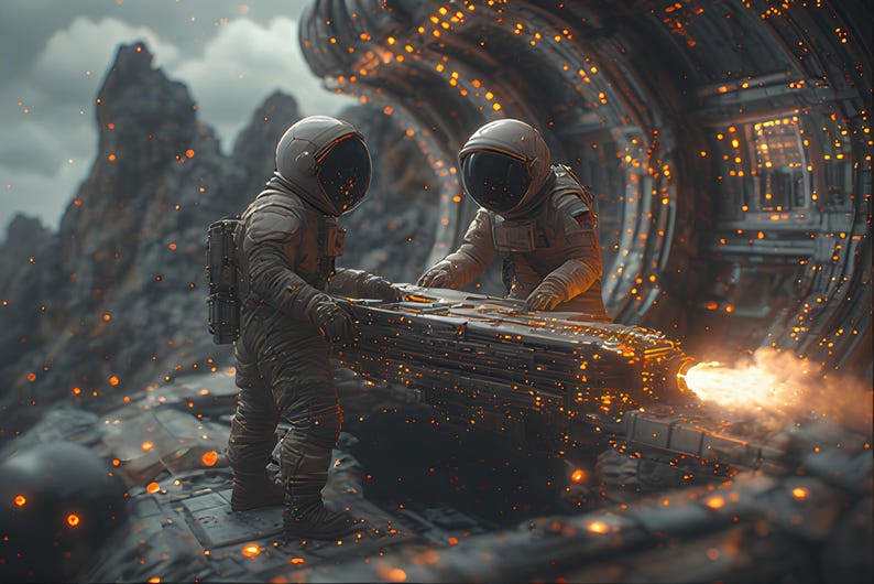 Op de afbeelding: Twee astronauten in witte ruimtepakken werken aan een grote, metalen structuur. De sc&egrave;ne speelt zich af op een rotsachtig, buitenaards landschap met een futuristische, industri&euml;le achtergrond. Vonken en gloeiende lichten verlichten de sc&egrave;ne en cre&euml;ren een sciencefiction-sfeer.