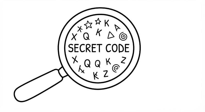 May include: A black and white line drawing of a magnifying glass. Inside the circular lens, the text SECRET CODE is printed in capital letters, surrounded by various symbols including stars, triangles, spirals, and the letters K, Q, Z, and X.