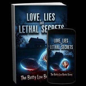 K&ouml;nnte beinhalten: Ein Buch und ein Smartphone zeigen das Cover von "Love, Lies and Lethal Secrets". Das Buchcover hat einen dunkelblauen Hintergrund mit einem Haus, B&auml;umen und einem Kompass-Design. Das Smartphone zeigt das gleiche Cover-Design.