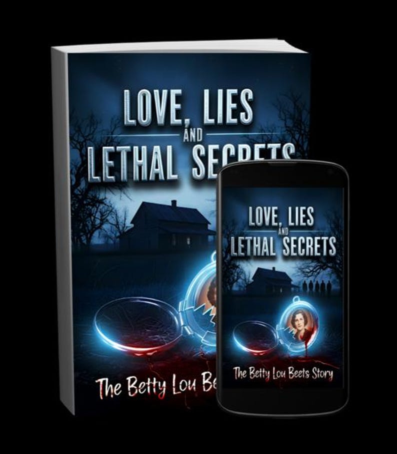 K&ouml;nnte beinhalten: Ein Buch und ein Smartphone zeigen das Cover von "Love, Lies and Lethal Secrets". Das Buchcover hat einen dunkelblauen Hintergrund mit einem Haus, B&auml;umen und einem Kompass-Design. Das Smartphone zeigt das gleiche Cover-Design.