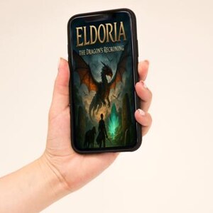 Op de afbeelding: Een zwarte smartphone met de cover van "ELDORIA: The Dragon's Reckoning". De afbeelding toont een draak met oranje vleugels, een silhouet en een hond in een fantasielandschap. De telefoon wordt in een hand gehouden.